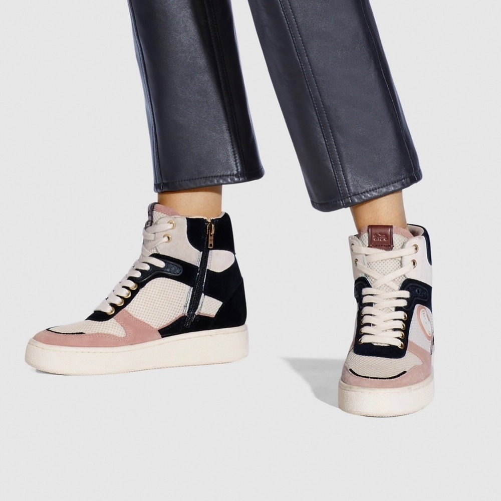 COACH C220 High Top Sneaker Leather Mesh Black White Pink Wedge Women’s 6.5